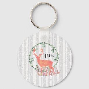 Rustic Reindeer Boho Watercolor Custom Monogram Keychain