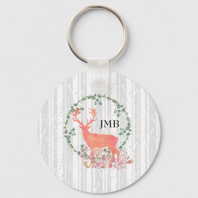 Rustic Reindeer Boho Watercolor Custom Monogram Keychain (Front)