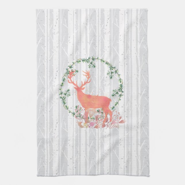 Rustic Reindeer Boho Watercolor Kitchen Towel (Vertical)