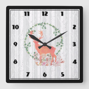 Rustic Reindeer Boho Watercolor Square Wall Clock