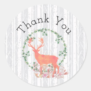 Rustic Reindeer Boho Watercolor Thank You Classic Round Sticker