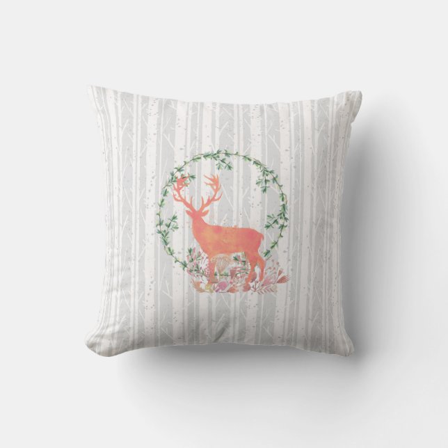 Rustic Reindeer Boho Watercolor Throw Pillow (Front)