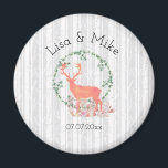Rustic Reindeer Boho Watercolor Wedding Magnet<br><div class="desc">A commemorative wedding magnet with a digital watercolor design. A pastel orange reindeer silhouette inside a wreath of herbal leaves. Mushrooms and forest ferns at his feet. A grey and white birch tree pattern in the background.</div>