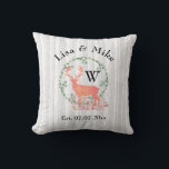 Rustic Reindeer Boho Watercolor Wedding Monogram Throw Pillow<br><div class="desc">A newlywed couple pillow with a digital watercolor design. A pastel orange reindeer silhouette inside a wreath of herbal leaves. Mushrooms and forest ferns at his feet.
A grey and white birch tree pattern in the background.  Personalize with your names,  wedding date and Monogram Initial for your last name.</div>