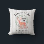 Rustic Reindeer Boho Watercolor Wedding Monogram Throw Pillow<br><div class="desc">A newlywed couple pillow with a digital watercolor design. A pastel orange reindeer silhouette inside a wreath of herbal leaves. Mushrooms and forest ferns at his feet.
A grey and white birch tree pattern in the background.  Personalize with your names,  wedding date and Monogram Initial for your last name.</div>