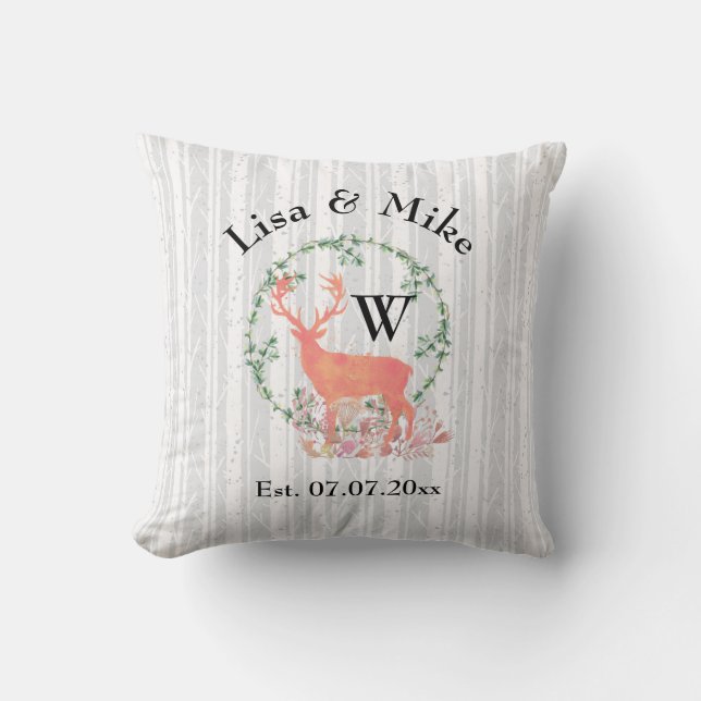 Rustic Reindeer Boho Watercolor Wedding Monogram Throw Pillow (Front)