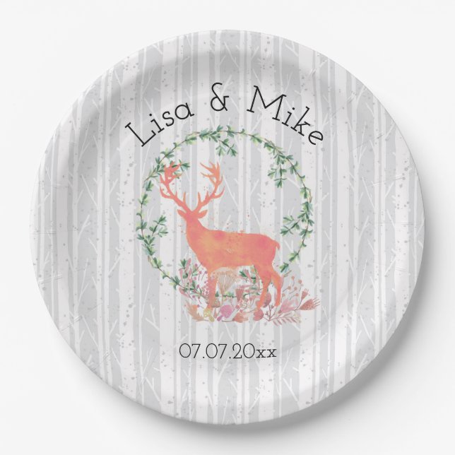 Rustic Reindeer Boho Watercolor Wedding Paper Plate (Front)