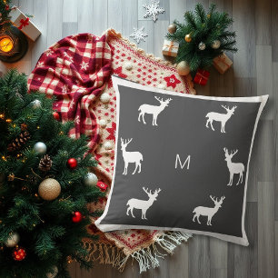 Rustic reindeer dark gray family monogram holiday throw pillow