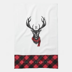 Rustic Reindeer Red Buffalo Plaid Family Monogram Kitchen Towel