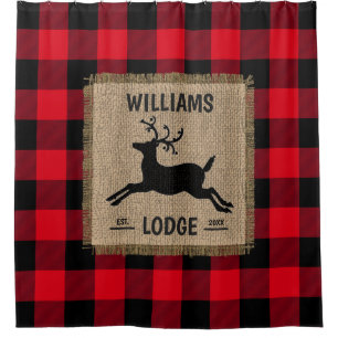 Rustic Reindeer Red Buffalo Plaid Family Name 