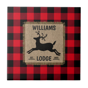Rustic Reindeer Red Buffalo Plaid Family Name Tile