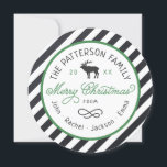 Rustic Reindeer Round Christmas Photo Card<br><div class="desc">Affordable custom printed holiday photo cards with simple templates for customization. This fun design features a circle die-cut shape with striped background, a reindeer graphic and modern rustic typography in green, white and charcoal grey colours. The text reads "Merry Christmas" in a trendy script font. Personalize it with your family...</div>