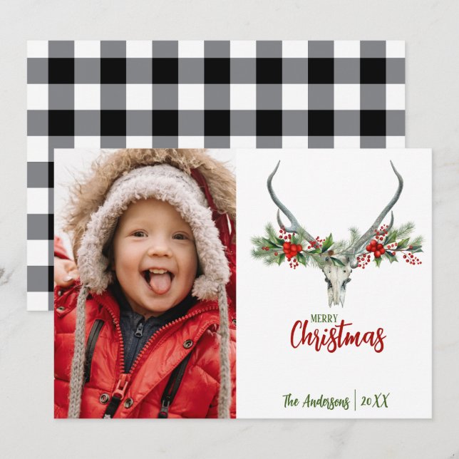 Rustic Reindeer Skull with Plaid Christmas Photo Holiday Card (Front/Back)