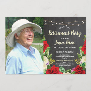 Rustic Retirement Party Chalk Red Roses Photo Invitation