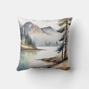 Rustic Retreat Mountain Watercolor Themed Throw Pillow