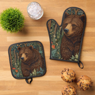 Rustic retro brown bear oven mitt & pot holder set