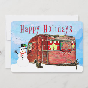 Rustic Retro Caravan Travel Trailer with Snowman Holiday Card
