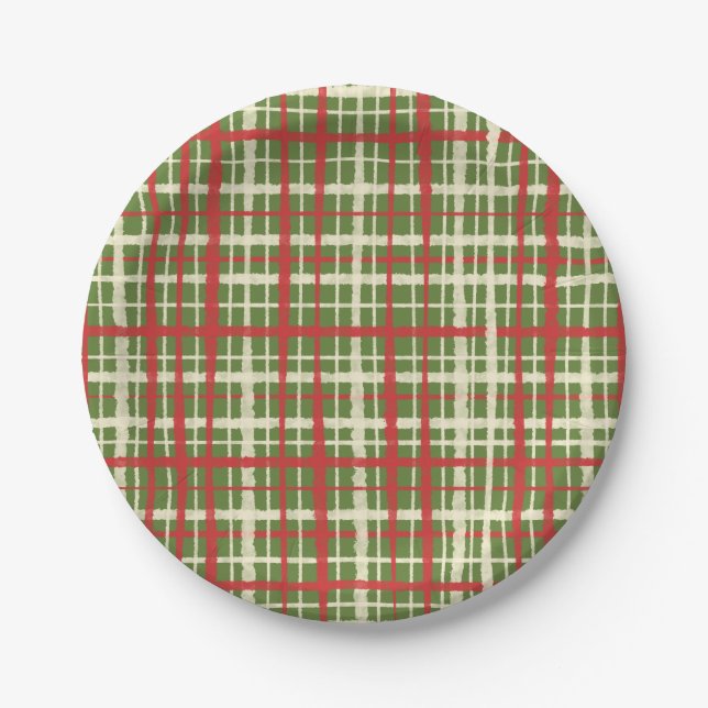 Rustic Retro Christmas Painted Plaid Green Pattern Paper Plate (Front)