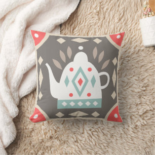 Rustic Retro Country Geometric Colourful Teapot Throw Pillow