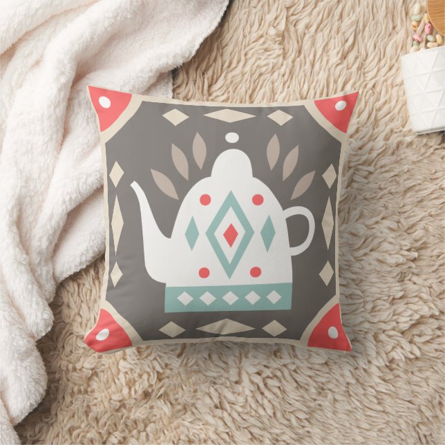 Rustic Retro Country Geometric Colourful Teapot Throw Pillow (Blanket)