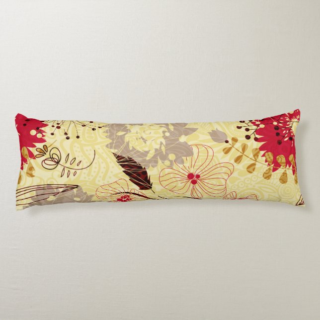 Rustic Retro Floral Pattern Beige And Red Body Pillow (Back)