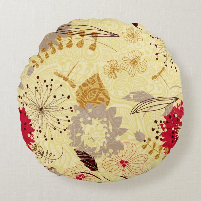 Rustic Retro Floral Pattern Beige And Red Round Pillow (Front)