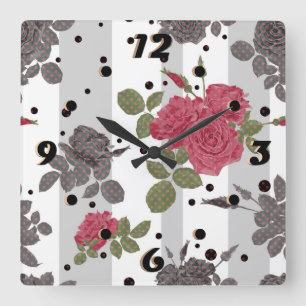 Rustic retro grey white striped flowers red roses square wall clock