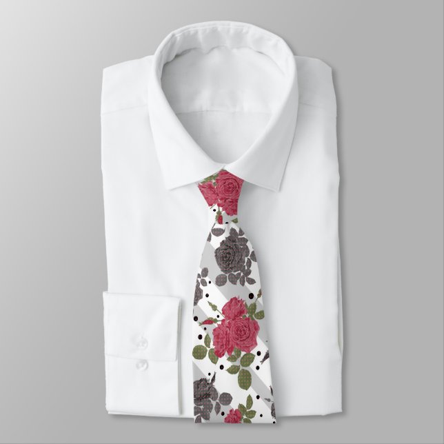 Rustic retro grey white striped flowers red roses tie (Tied)