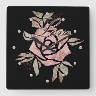 Rustic retro grunge beige texture flowers roses fl square wall clock