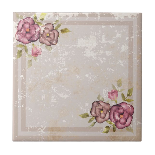 Rustic retro grunge beige texture flowers roses fl tile (Front)