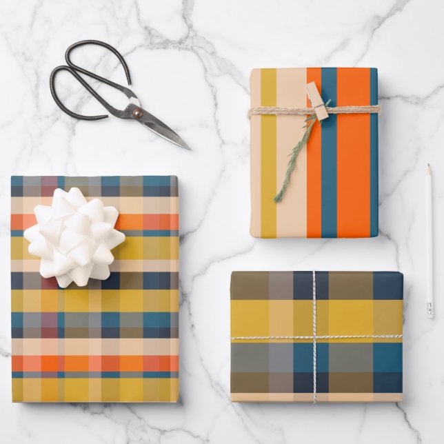 Rustic Retro Modern Plaid & Stripe Patterns Wrapping Paper Sheet (Front)
