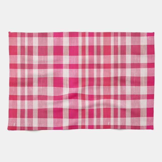 Rustic Retro Pink Textured Plaid  Kitchen Towel (Horizontal)