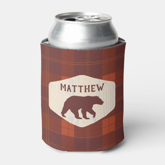 Rustic Retro Plaid Bear Personalized Can Cooler (Can Front)