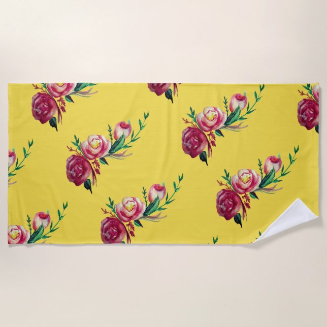 Rustic Retro Roses Watercolor Beach Towel (Front)