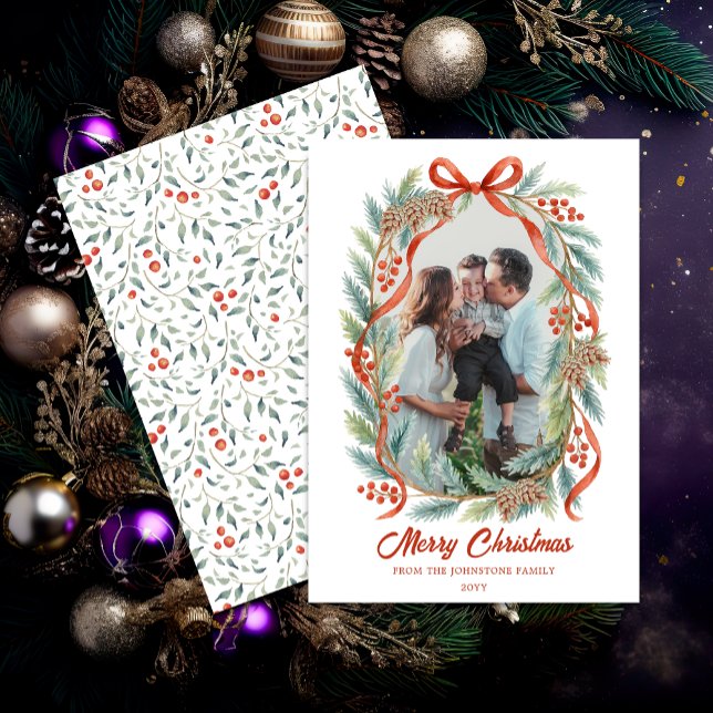 Rustic Ribbon Evergreen Photo Christmas Holiday Card (Elegant watercolor ribbon and evergreen photo card front and back view)