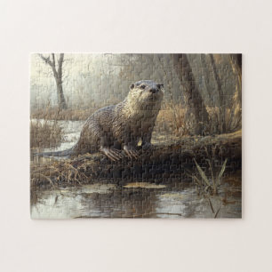 Rustic River Otter Wildlife Painting Jigsaw Puzzle