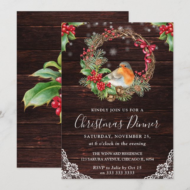 Rustic Robin and Holly Wreath Christmas Invitation (Front/Back)