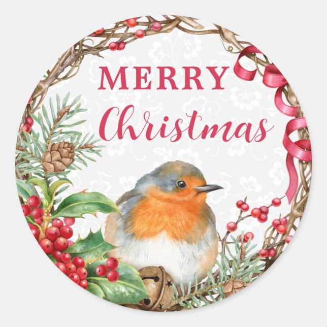 Rustic Robin Merry Christmas Holiday Classic Round Sticker (Front)