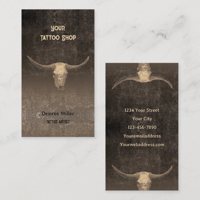 Rustic Rodeo Brown Texture Tattoo Shop Bull Skull Business Card (Front/Back)