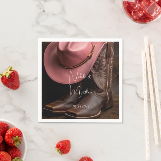 Rustic Romance: Cowboy Boots & Rose Hat Wedding Napkin (Insitu)