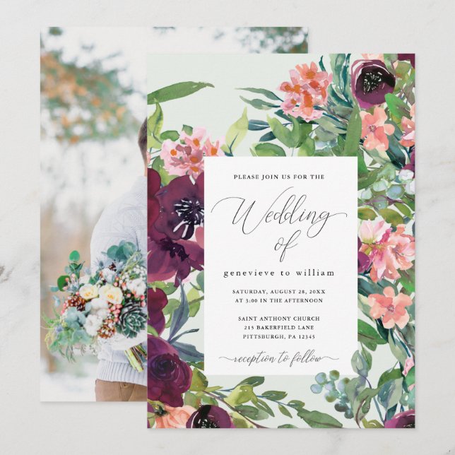 Rustic Romance Floral Photo Wedding Invitation (Front/Back)
