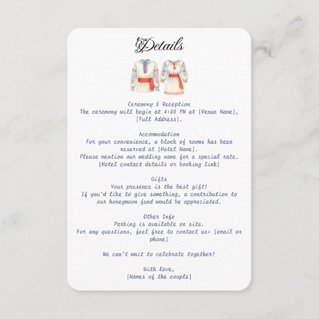 Rustic Romanian Wedding Traditional Folk Costumes  Enclosure Card (Front)