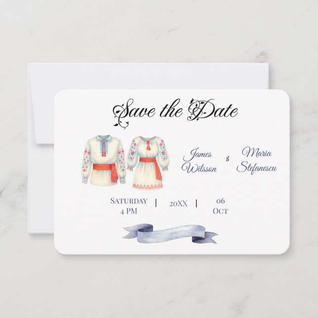 Rustic Romanian Wedding Traditional Folk Costumes  Save The Date (Front)