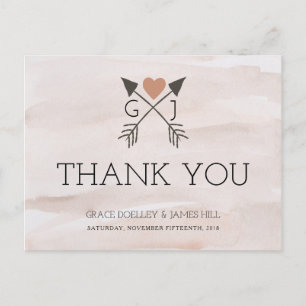 Rustic Romantic Arrow and Heart Wedding Thank You Postcard