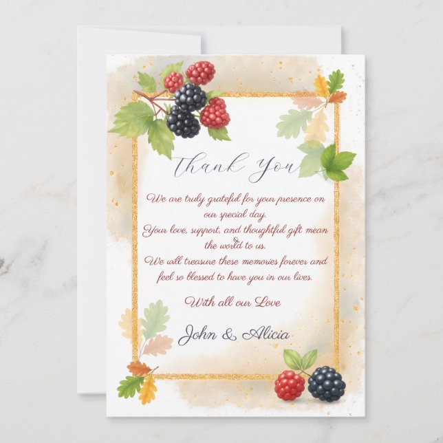 Rustic Romantic Autumn Berry Wedding Photo Back  Thank You Card (Front)