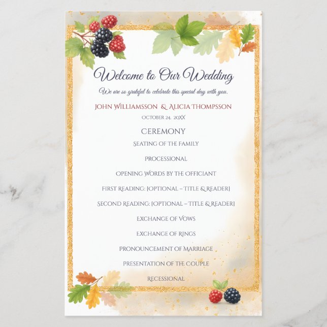 Rustic Romantic Autumn Berry Wedding Program (Front)