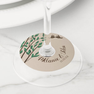 Rustic Romantic Bird Tree Greenery Couples Name Wine Glass Tag