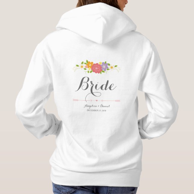 Rustic Romantic Calligraphy & Pastel Flowers Bride Hoodie (Back)