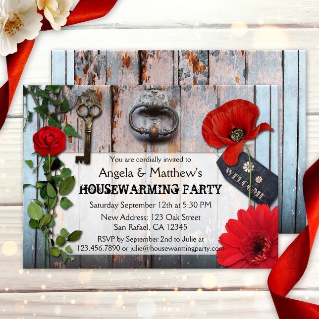 Rustic Romantic Floral Wood Housewarming Invite (Rustic housewarming invitation featuring a wood panel with door knocker, key and red flowers)