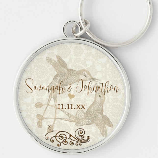 Rustic Romantic Hummingbird Kiss Love BirdWedding Keychain (Front)